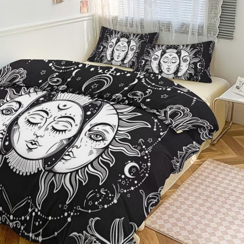 Black and White Sun and Moon 3 Piece Reversible Bedding Set 79"x90",Double Sided Brushed Microfiber Duvet Cover Set with 2 Pillowcases Soft Breathable Comforter Cover for Home - color: Black and White Sun and Moon, size: 79"x90"