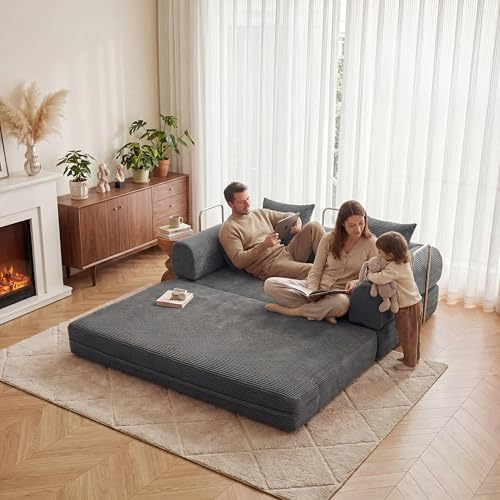 53.15" Boneless Couch,4-in-1 Futon Sofa Bed Modular Loveseat Sleeper Folding Compressed Couch with Pillows,No Assembly Required Convertible Sofa Bed for Living Room Bedroom Guest Room,Grey - color: Grey, size: 53.15" Loveseat Sofa