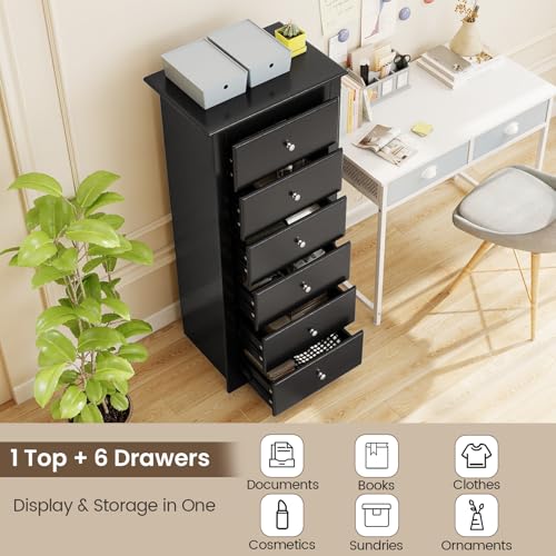 GIANTEX 6-Drawer Dresser for Bedroom, Wooden Chest of Drawers w/Metal Handles & Large Capacity, 16" D x 23.5" W x 53.5" H Clothes Organizer, Modern Tall Dresser for Bedroom, Entryway, Living Room - color: Black
