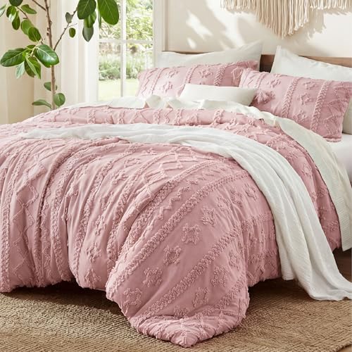 Bedsure Tufted Boho Comforter Set Twin Size - Pink Boho Bed Set, GentleSoft™ 2 Pieces Farmhouse-Style Embroidery Bedding, Gifts for Woman, Soft Jacquard Twin Comforter for All Seasons - color: 24 - Pink - Elegant, size: Twin/Twin XL