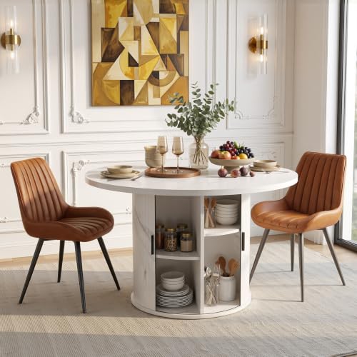 3-Piece Round Dining Table Set for 2, 47-Inch Modern Faux Marble Dining Table with Half-Open Storage Shelf, Comfort Dining Chairs with Thick Cushions (White Faux Marble Table + 2 Brown Chairs) - color: White Faux Marble Table + 2 Brown Chairs-43, size: 3-