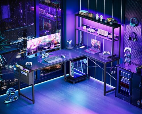 AODK L Shaped Desk Gaming Desk with LED Light & Power Outlet | 61 Inch Black Reversible L Shaped Computer Table with Shelf & Storage Bag & Hook for Home Office - color: Black, size: 61 Inch