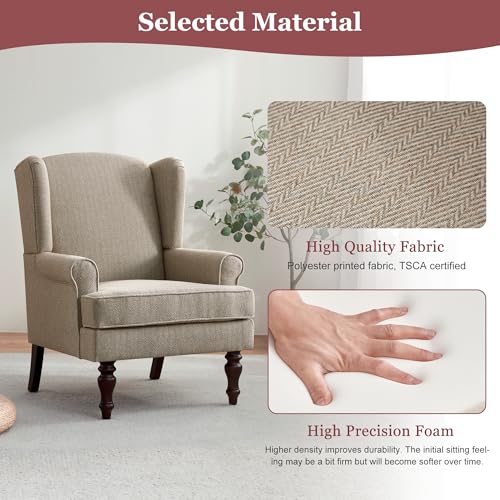 HUIMO Printed Wingback Accent Chair, Linen Upholstered High Back Armchair, Comfy Reading Chair for Living Room Bedroom Study, 300lbs Weight Capacity (1, Brown with Lines) - color: Brown With Lines
