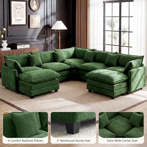 110" Modular Sectional Cloud Sofa Couch V Shape with 2 Ottoman, Green | 3 Layer Cushion, 6 Washable Pillows, 29" Deep Seat, Chenille Fabric, for Living Room Apartment - color: Green, size: 110"V-2