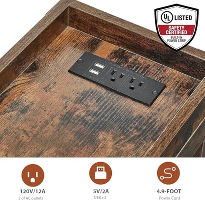 Narrow End Table with Charging Station, Rustic Brown Side Table with 2 USB Ports & Power Outlets, Slim Industrial Nightstand for Small Spaces, Living Room Sofa & Bedroom - color: Rustic Brown, style: With Outlets