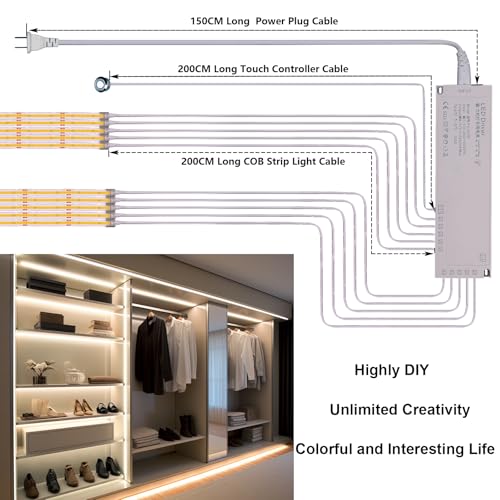 BENLUN 12V COB LED Under Cabinet Strip Lighting Cuttable 32.8ft for Kitchen | 4000K Natural White LED Strip Lights Dimmable Adhesive 8W/M CRI 93 with Dimmer and Power Supply for Bookcase Shelf Display - color: Natural White 4000K
