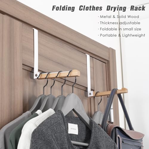 2 Pack Folding Clothes Drying Rack, Thickness Adjustable, Metal/Wooden, Portable, Lightweight, Heavy Duty, Over The Door Hooks for Laundry (White) - color: Wood-White