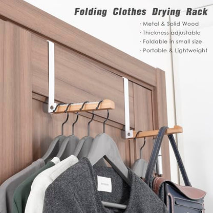 2 Pack Folding Clothes Drying Rack, Thickness Adjustable, Metal/Wooden, Portable, Lightweight, Heavy Duty, Over The Door Hooks for Laundry (White) - color: Wood-White