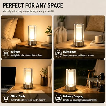 Rechargeable Crystal Table Lamp, 3-Color Touch LED, Silver | Silver metal crystal lantern, 3-color touch dimming, USB-C rechargeable, compact 7.1 in accent light for patio table - style: silvery-1