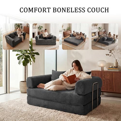 53.15" Boneless Couch,4-in-1 Futon Sofa Bed Modular Loveseat Sleeper Folding Compressed Couch with Pillows,No Assembly Required Convertible Sofa Bed for Living Room Bedroom Guest Room,Grey - color: Grey, size: 53.15" Loveseat Sofa