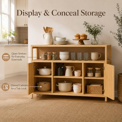 Bamboo Buffet Cabinet with Storage, Natural Sideboard Cabinet | 49“ Kitchen Storage Cabinet with 2 Doors and Shelves, Modern Buffet Table for Dining Room, Living Room, Bathroom, Entryway