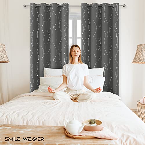 SMILE WEAVER Grey Blackout Curtains for Living Room 63 Inch Long 2 Panels,Room Darkening Curtain-Star Print Design Noise Reducing Thermal Insulated Light Blocking Bedroom Window Drapes - color: Grey Silver, size: 52"W x 63"L (Pack of 2)
