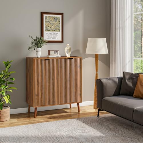 LYNCOHOME Fluted Sideboard Buffet Cabinet with Storage, 2 Doors with Solid Wood Feet for Kitchen, Hallway - size: 15.8"D x 31.5"W x 34.6"H