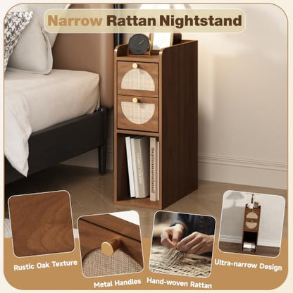Narrow Nightstand Set of 2 (Rattan & Wood) - Small Bedside Table with 2 Drawers, Open Shelf, Mid Century Modern End Table - for Bedroom, Living Room & Small Spaces, Walnut - color: Walnut, size: 7.9"W (2 Pc)