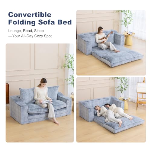 61" Boneless Loveseat Sleeper, Folding Sofa Bed with Faux Fur Cover, L-Grey | Memory Foam Pull Out Futon Bed with Removable Washable Cover, Space-Saving Fold Out Couch for Living Room & Guest Room - color: Light Grey