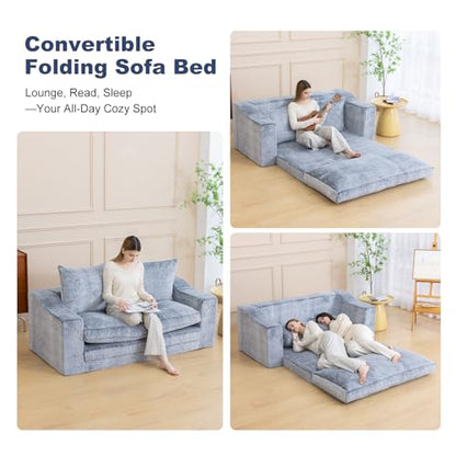 61" Boneless Loveseat Sleeper, Folding Sofa Bed with Faux Fur Cover, L-Grey | Memory Foam Pull Out Futon Bed with Removable Washable Cover, Space-Saving Fold Out Couch for Living Room & Guest Room - color: Light Grey