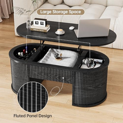47.2" Oval Fluted Lift Top Coffee Table with Hidden Compartment, Black | Lifting Tabletop,Timeless Fluted Wood Aesthetic,Spacious Hidden Storage,Supporting up to 150 lbs - color: Black