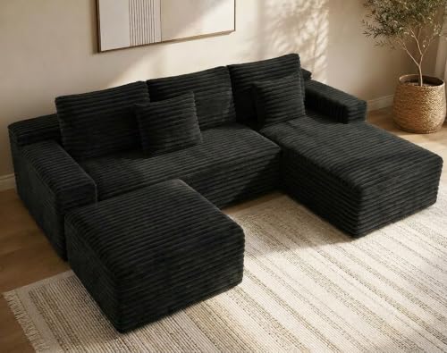 Boneless Couch Modular Sectional Sofa Cloud Couch | Oversized Deep-Seat Wide-Wale Corduroy L-Shaped Sectional Couch for Living Room, Apartment and Family Room - color: Black 105'' Left Ottoman
