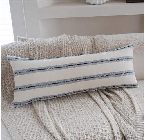 Cethom Boho Lumbar Pillow Covers 14x36 Long, Pack of 1, Navy Blue Striped Decorative Body Pillowcase for Couch Bed, Textured Farmhouse Accent Cushion Covers for Living Room Bedroom Sofa Home Decor - color: Navy Blue, size: 36" x 14" (Pack of 1)