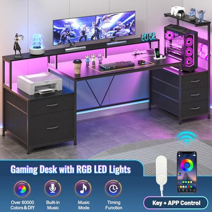 63" Gaming Desk with Drawers, Storage Shelves and Printer Stand | Balck Computer Desk with Monitor Stand and LED Lights, Reversible Home Office Desk with Printer Shelf - color: Black