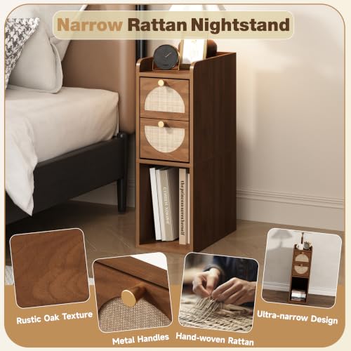 Narrow Nightstand (Rattan & Wood) - Small Bedside Table with 2 Drawers, Open Shelf, Mid Century Modern End Table - for Bedroom, Living Room & Small Spaces, Walnut - color: Walnut, size: 7.9"W (1 Pc)