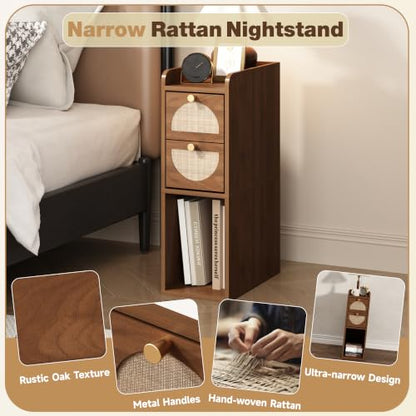 Narrow Nightstand (Rattan & Wood) - Small Bedside Table with 2 Drawers, Open Shelf, Mid Century Modern End Table - for Bedroom, Living Room & Small Spaces, Walnut - color: Walnut, size: 7.9"W (1 Pc)