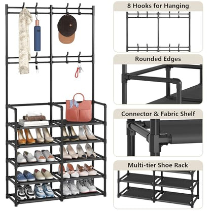 Laiensia 5-Tier Entryway Coat Rack, Coat and Shoe Rack, Entryway Bench Storage Organizer with 8 Hooks for Bedroom, Hallway, Office, Black - color: Black