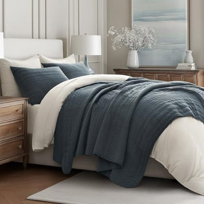 EVERGRACEHOME 100% Cotton Modern Lines Quilt Set Queen Size, Midnight Blue | Pre-Washed Soft Cotton, Striped Coverlet Bedspread, 3 Piece Lightweight Bedding Set for All Season, with 2 Pillow Shams - color: Midnight Blue, size: Full/Queen (92" X 92")