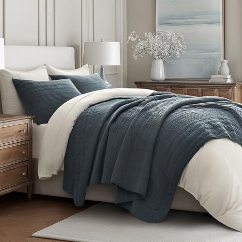 EVERGRACEHOME 100% Cotton Modern Lines Quilt Set King Size, Midnight Blue | Pre-Washed Soft Cotton, Striped Coverlet Bedspread, 3 Piece Lightweight Bedding Set for All Season, with 2 Pillow Shams - color: Midnight Blue, size: King (108" X 92")