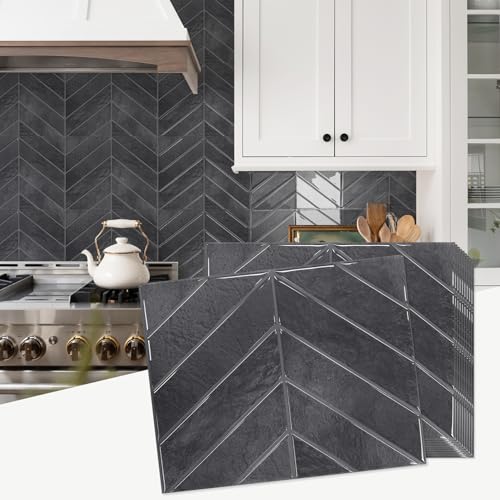 STICKGOO Herringbone Peel and Stick Backsplash, Black/Grey Grout, 10 Sheets | 12.6 x 9.7 in, Thicker Rectangular Vinyl Stick-On Wall Tiles, Easy Alignment, Waterproof, Easy to Clean, Kitchen/Bathroom - color: Shiny Black With Dark Grey Grout, size: Pack o