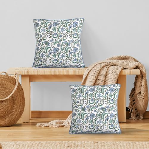 Block Print Columbia Blue Pillow Cover 18" x 18" (Pack of 2) Decorative Couch Pillows for Living Room, Chic Boho Cute Outdoor Pillows Covers Gifts for Spring, Easter and Valentine - color: Columbia Blue, size: 18" x 18" (Pack of 2)