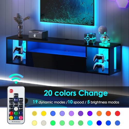 sogesfurniture 55'' Floating TV Stand with Lights, Floating Entertainment Center with Lights, Modern Wall Media Console with Storage, Wall Mounted LED TV Stand for Living Room, Black - size: 55"-Black