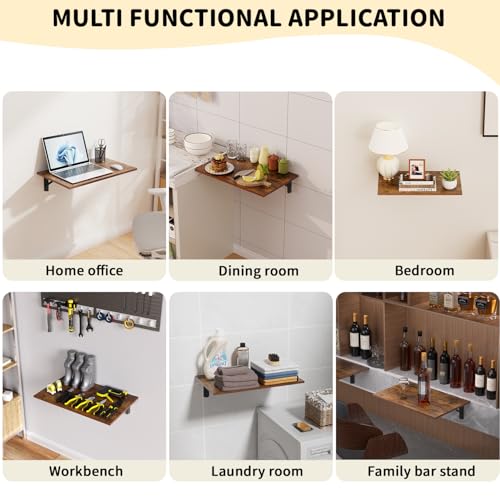 GOYLSER Wall Mounted Folding Table Floating Desk for Small Spaces, Fold Down Laundry Wall Table with Brackets - color: Rustic Brown, size: 25"x15.7"