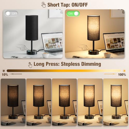 Black Touch Bedside Lamp for Bedroom, Stepless Dimmable, USB A+C, AC Outlet | Base Touch Button Only, Memory Brightness, Ultra-dim Night Light, Included Bulb for Optimal Dimming, Black Fabric Shade, Desk - color: Black & Black