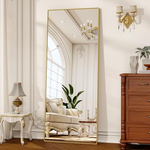 56" x 21" Full Length Mirror, Full Body Floor Mirror, Gold | Standing/Leaning/Wall Mounted for Bedroom, Living Room, Entryway, Cloakroom with Aluminum Alloy Frame - color: Gold, size: 56"L x 21"W