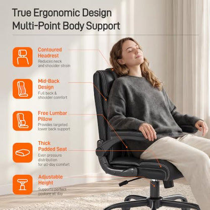 Office Chair, Executive Mid-Back Computer Desk Chair with Flip-up Armrests | 300 Lbs Ergonomic Leather Swivel PC Chair with Rock Function for Working Studying (Black) - color: Black