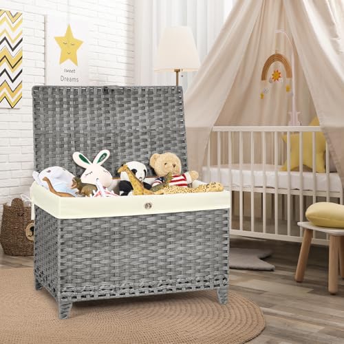 Wicker Storage Basket with Lid, 200L Storage Bin with Removable Liner Bag | Rattan-Inspired Shelf Basket Design, Storage Trunk with Heightened Feet, Wardrobe Storage Container & Home Organizer - color: Grey, size: 200L
