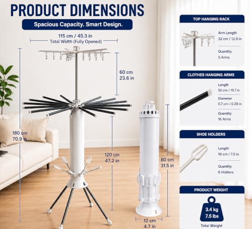 Foldable Clothes Drying Rack, Rotating Aluminum Laundry Rack, Portable Stand