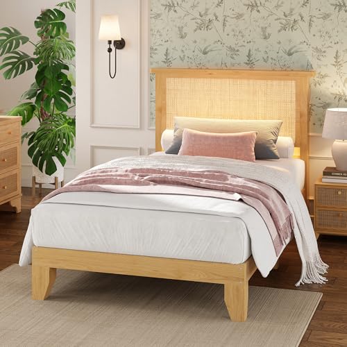 Garvee Bohemian Twin Rattan Bed LED Natural Headboard Bedroom | Bohemian twin rattan bed with natural headboard, LED lights, solid wood frame. No box spring needed for bedroom use. - size: Twin(0 Drawers)