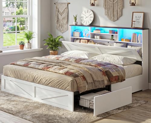 AOGLLATI Farmhouse King Bed Frame Bed Frame with 4 Storage Drawers and Led Lights, Wooden King Bed with Hidden Space Bookcase Headboard and Led Lights,White - color: White, size: King