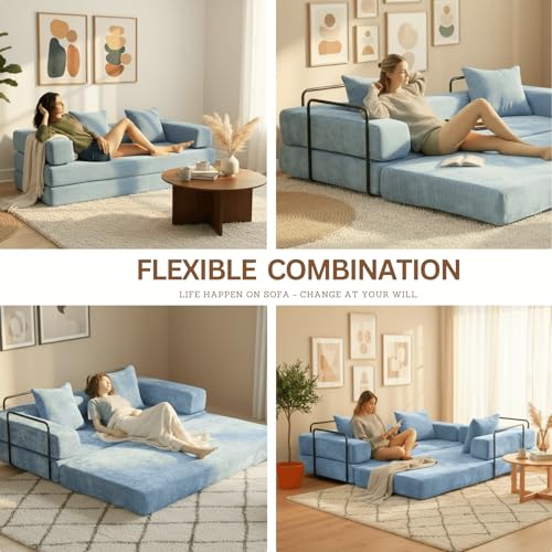 Alpen 77" Futon Couch Bed, 4-in-1 Convertible Sleeper Queen with L-Shaped Armrests, Floor Couch Beds, Lazy Sofa for Living Room Bedroom, Apartment, Light Blue - color: Blue-chenille