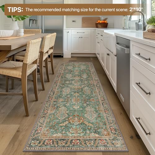 2x5 Hallway Runner Rugs Non Slip Washable Runner for Entryway Bathroom Kitchen Bedroom, Boho Green Runner, Thin Low Pile Chenille Carpet with Rubber Backing, Dark Sage/Gold - color: Sage/Gold, size: 2' x 5' (Rectangular)