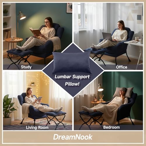 Lazy Chair with Ottoman, Reading Chair with Lumbar Pillow，Navy | Comfy Accent Lounge Chair with Pillow & folding Foot Stool, sturdy metal frame for bedroom, dorm or apartment, Living Room - color: Navy Blue