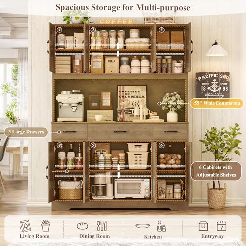 HOSTACK 71" Tall Kitchen Pantry Storage Cabinet, 55" W Kitchen Hutch, Brown | Large Pantry Cabinet with Charging Station / Countertop / 3 Drawers, Farmhouse Hutch Cabinet with Storage for Dining Room - color: Rustic Brown