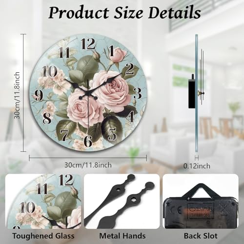 Roses Wall Clocks Battery Operated, 12" Round Clock | Non Ticking Decorative Clock, Ocean Pattern Glass Design for Living Room, Kitchen, Bedroom & Bathroom Decor - style: Roses
