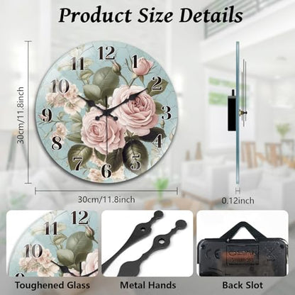 Roses Wall Clocks Battery Operated, 12" Round Clock | Non Ticking Decorative Clock, Ocean Pattern Glass Design for Living Room, Kitchen, Bedroom & Bathroom Decor - style: Roses