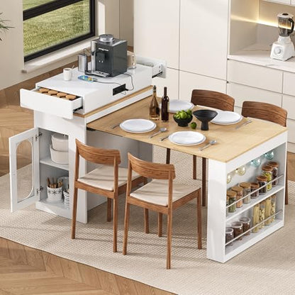 Extendable Dining Table with Folding Tabletop & Power Outlet, Modern Kitchen Island Sideboard with Wheels, Hidden Drawers & USB Charging, Sturdy Buffet Table for Small Spaces (Creamy White+Natural) - color: Creamy White+natural