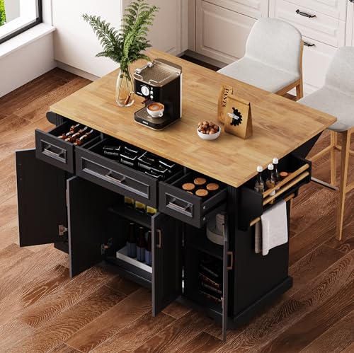54inch Large Kitchen Island With Rubber Wood Drop Leaf,Embossed Texture Rolling Kitchen Cart On 4 Wheels With 4 Doors And 3 Drawers,Kitchen Island With Storage For Kitchen,Dining Room (Black-0t) - color: Black-0t)