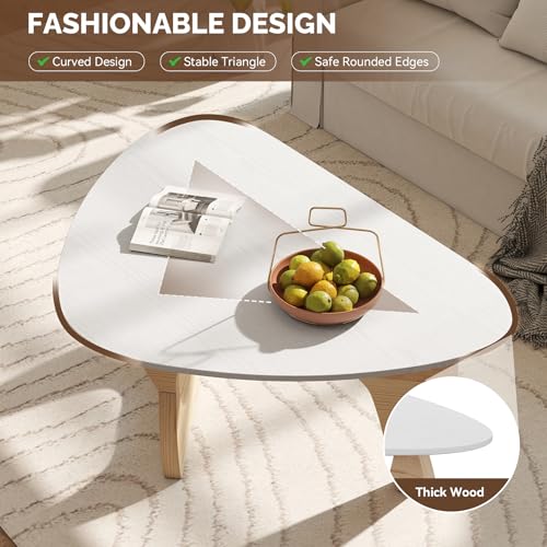 Modern Wood Coffee Table, Triangle Center Table with Premium Wooden Top& Unique Base, 35.5” Small Mid Century Tea Tables for Living Room, Apartment, Office,White&Light Natural Wood - color: White&light Natural Wood, size: Medium 35.5*25.5*15.7in