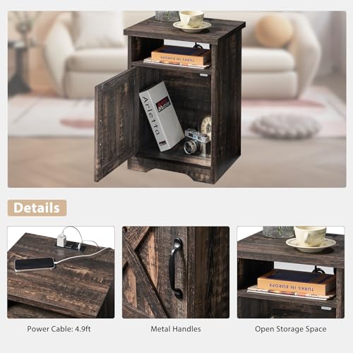 AMERLIFE 3 Piece Farmhouse Living Room Coffee Table Set, Dark Oak | Coffee Table & 2 End Tables with Charging Station and USB Ports, Farmhouse Style, Barn Door Design, Living Room Furniture - color: Dark Oak